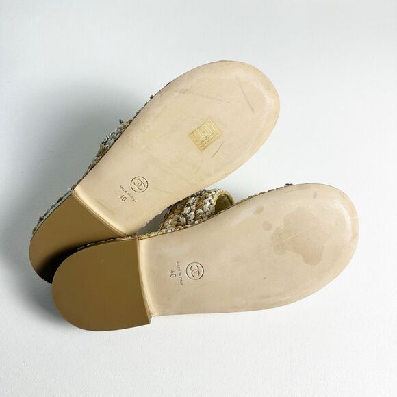 CHANEL Raffia Beige Leather Chain CC Logo Sandals Size 40 Open Toe Ring Slide - Picture 11 of 12